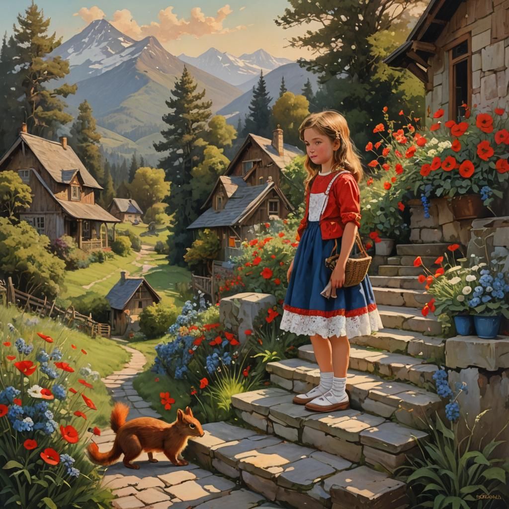 Happy Girl on Cottage Porch in Oil Painting Style