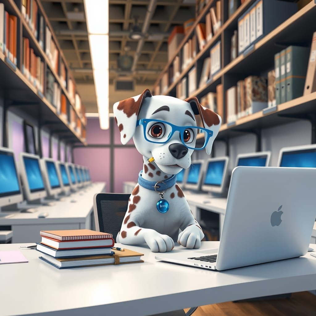 Dalmatian Puppy Office Scene in Pixar Style