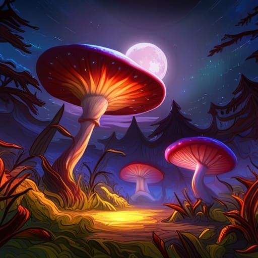 Glowing Giant Mushroom in a Starry Swamp