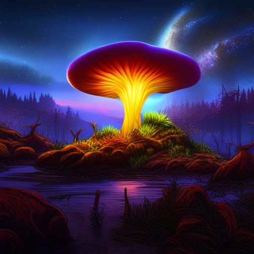 Glowing Mushroom in Starry Swamp, Fantasy Art