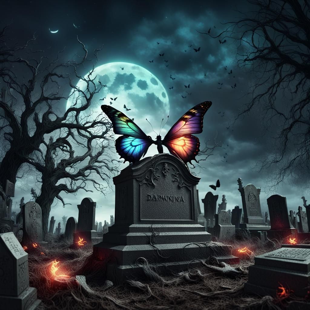 Infernal Butterfly over Abandoned Graveyard: Dark Fantasy Ar...