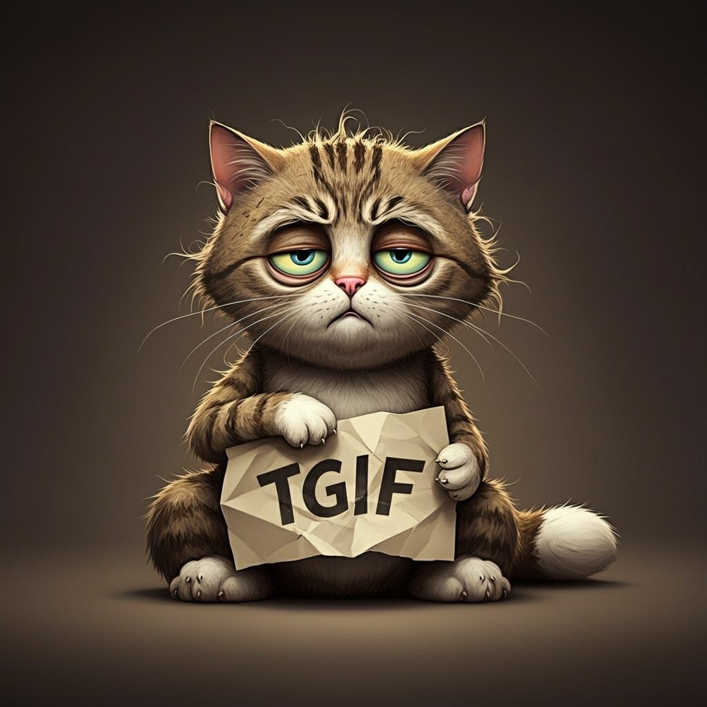 Humorous Frazzled Cat with TGIF Sign, in Playful Style