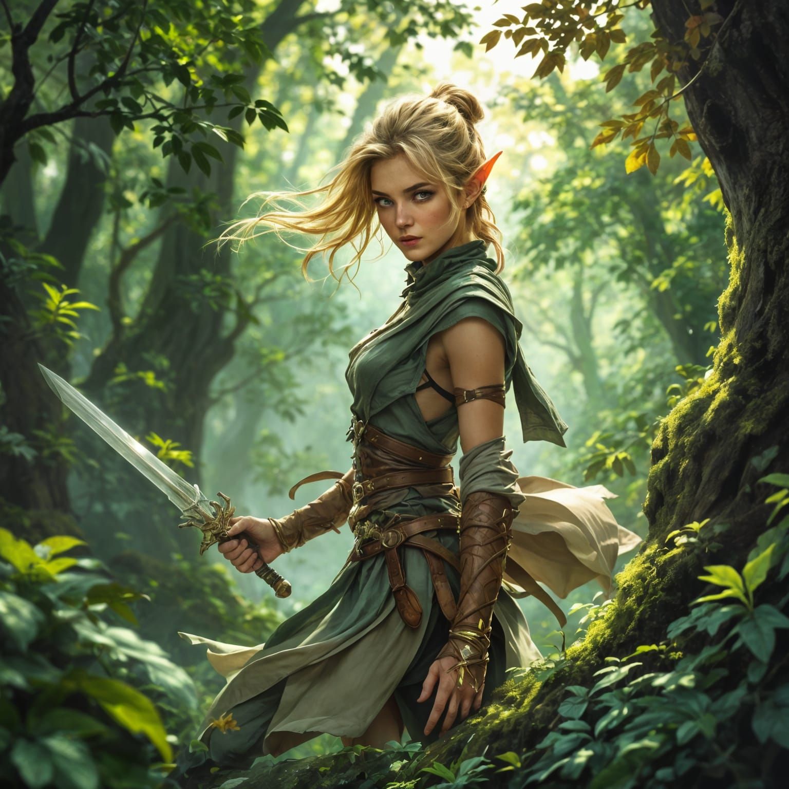 Wood Elf Fighter in Magical Forest, Digital Art