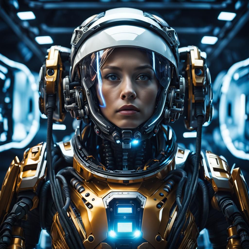 Cybernetic Woman in Spacesuit: Hyperrealistic AI Art
