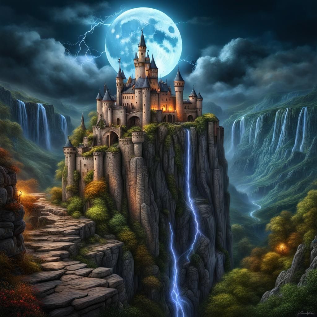 Epic Castle on Cliff Under Full Moon
