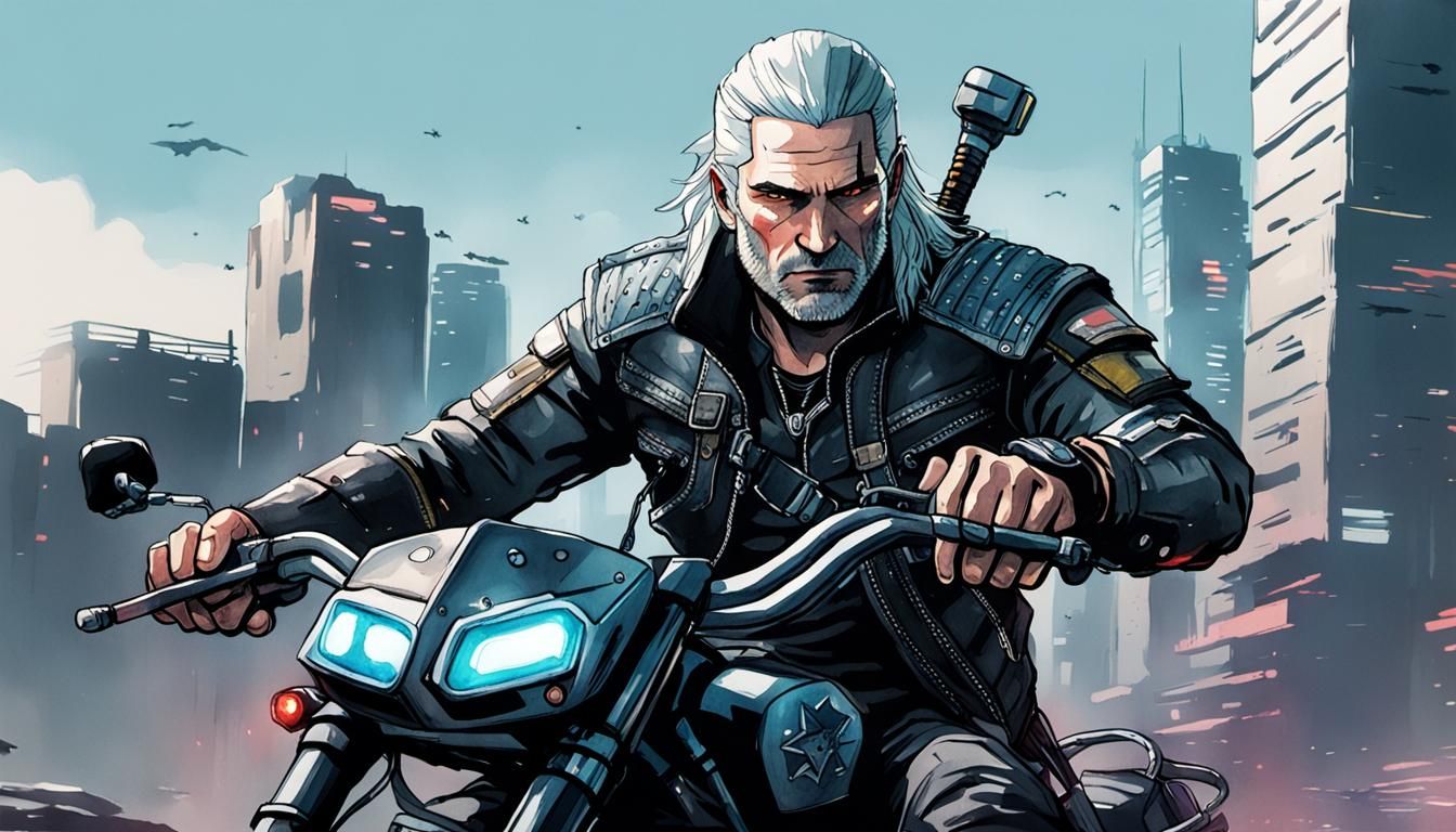Geralt Rides in Cyberpunk Future: Watercolor Art