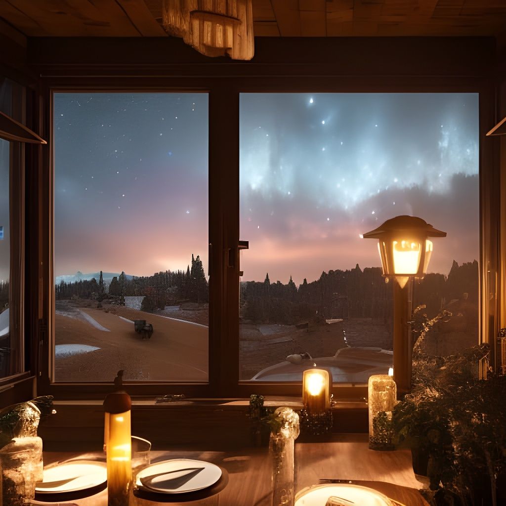 Cozy Medieval Cafe Under Starry Twilight Sky