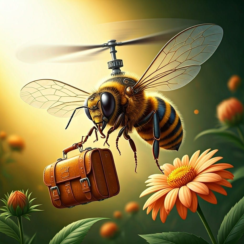 Futuristic Bee with Helicopter Wings and Luggage