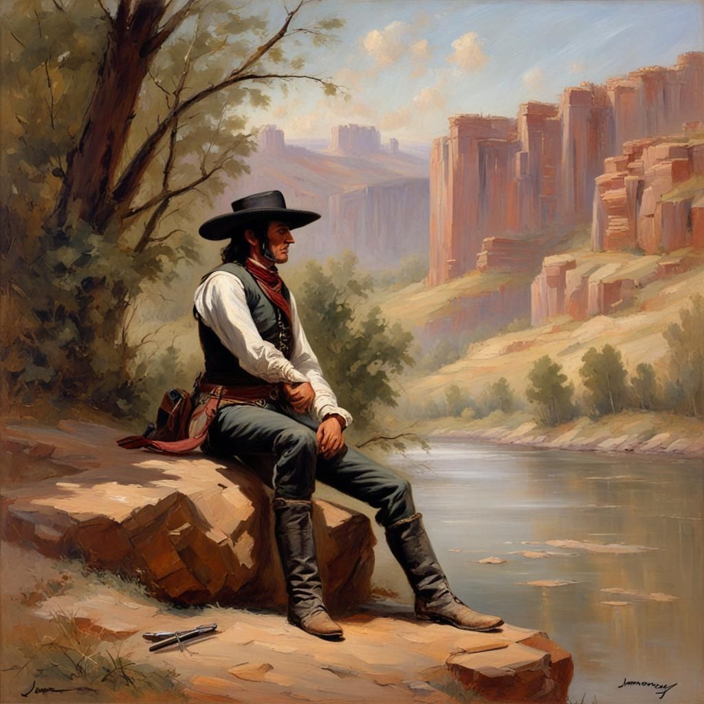 1860 Lone Ranger taking a rest by river - oil