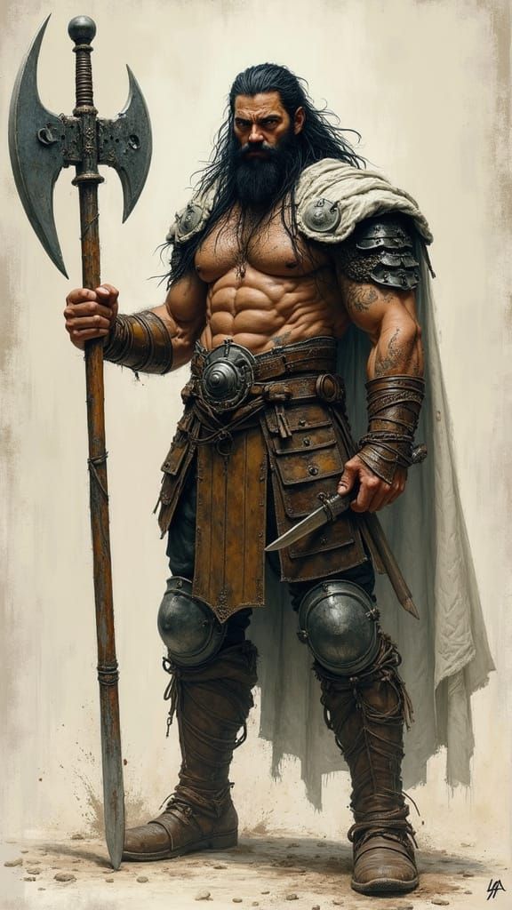 Armored Warrior with Sword and Axe