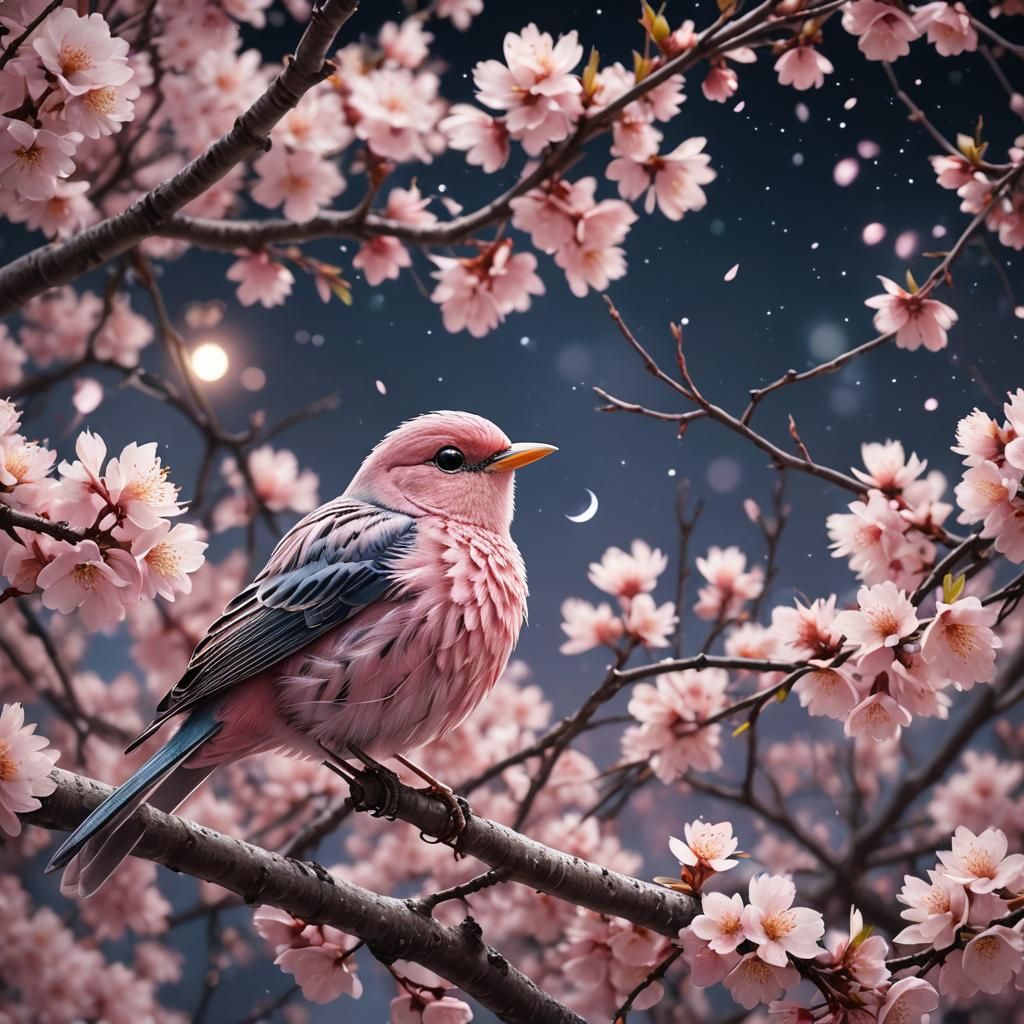 Enchanted Pink Bird on Sakura Tree at Night