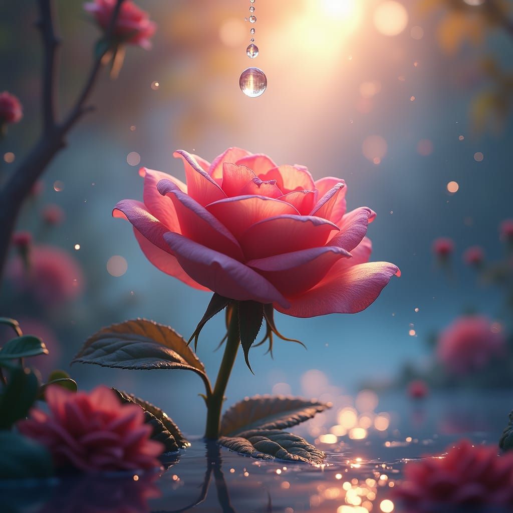 Glistening Water Droplet Kisses a Majestic Rose