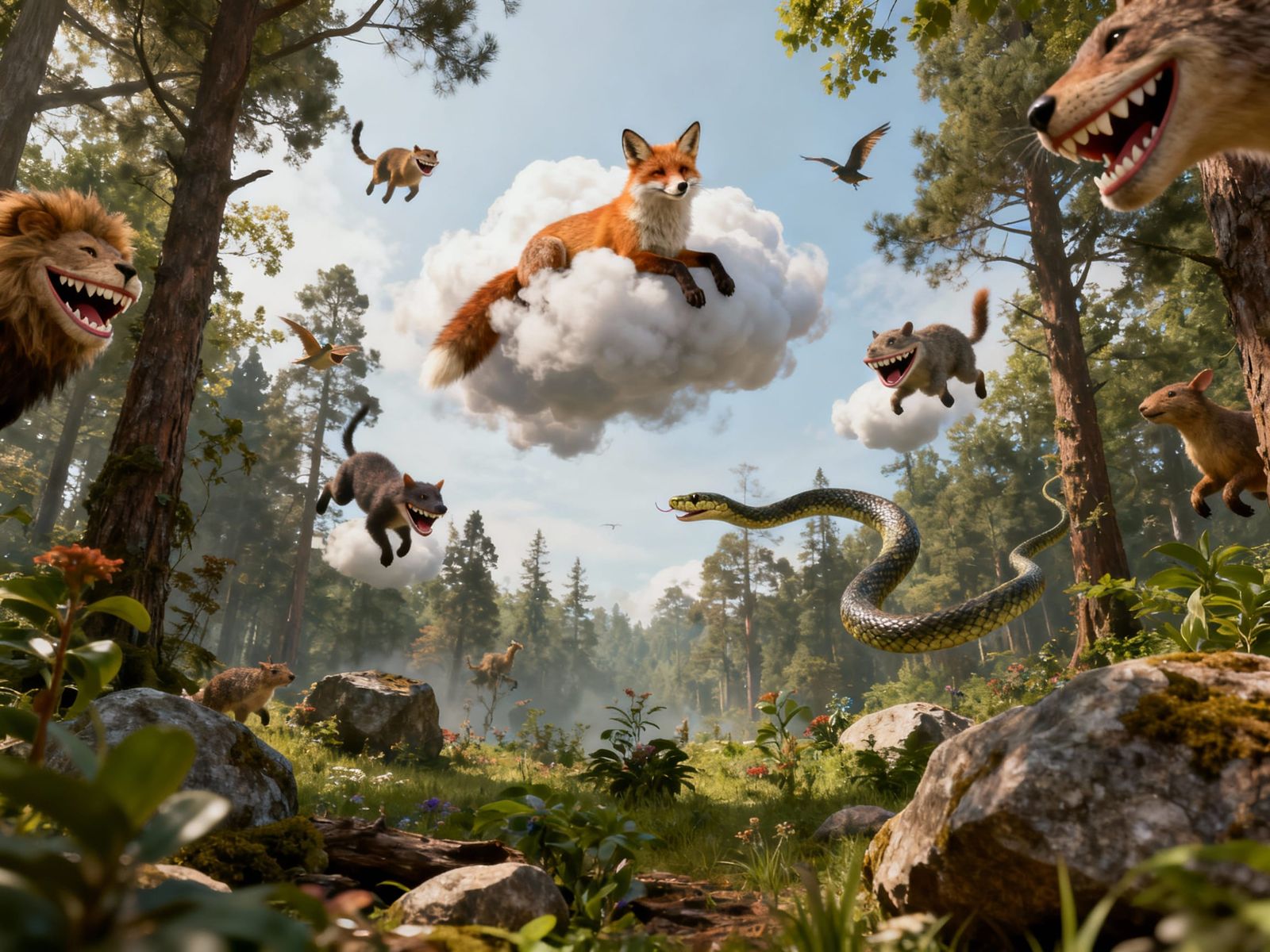 Surreal Forest Scene With Floating Animals