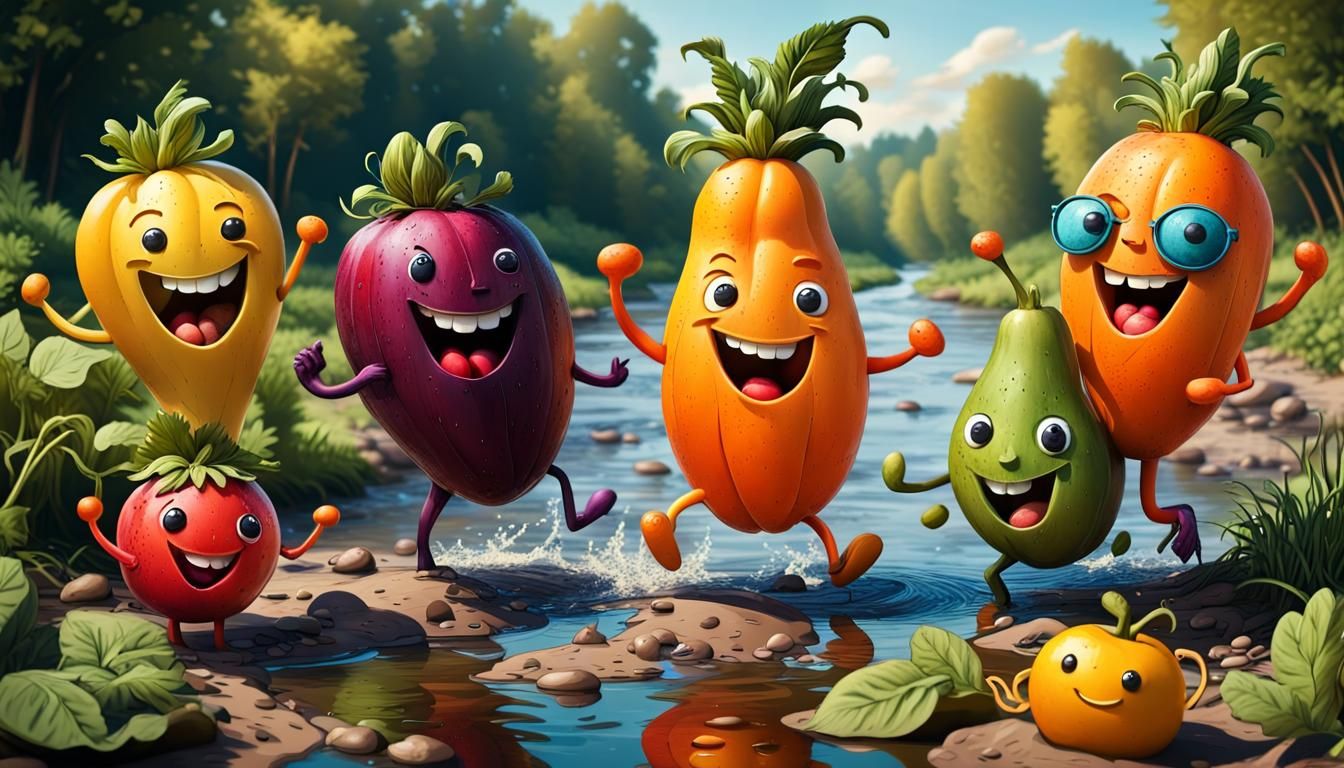 Cheerful Fruit and Veggie Characters Dance in Comic Style