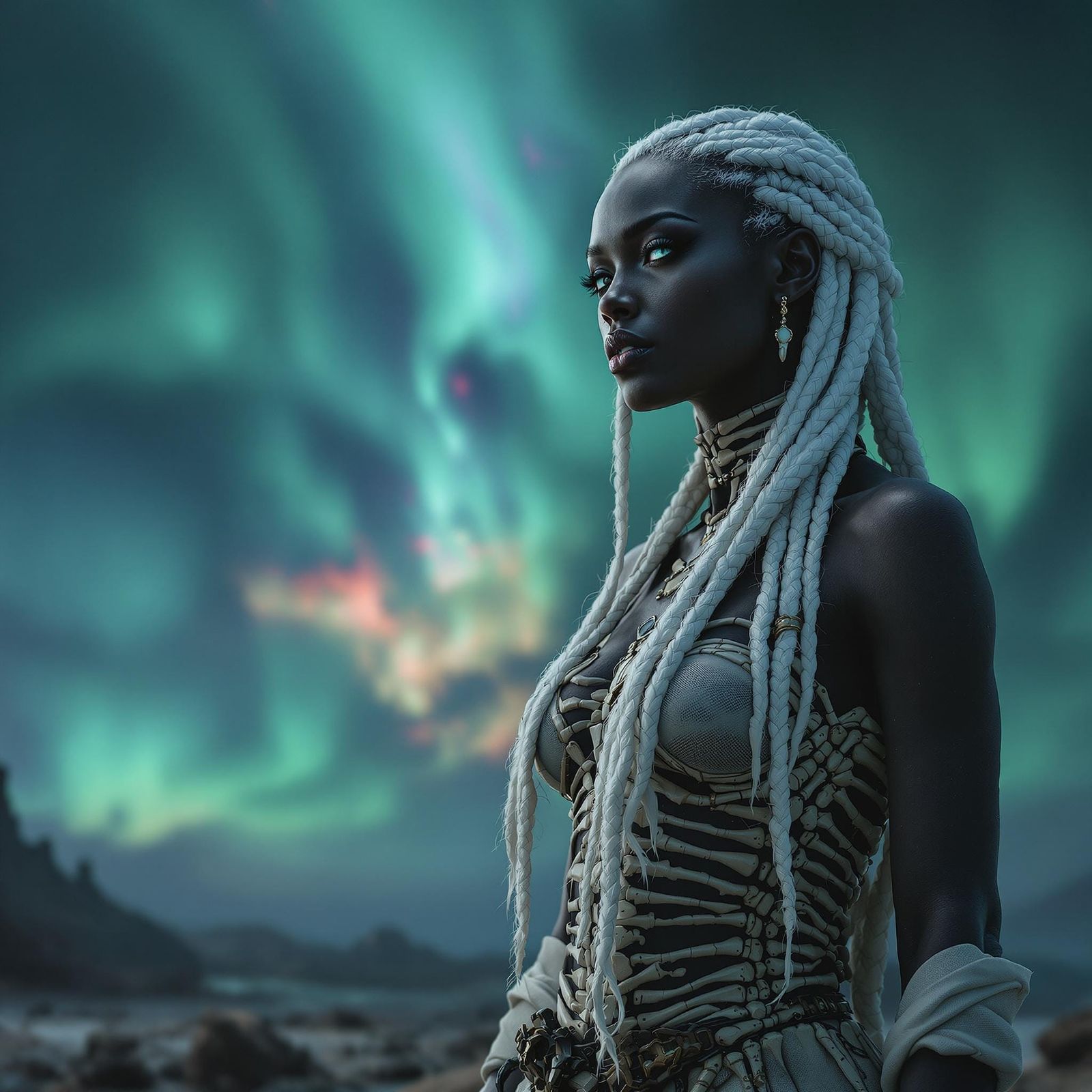 Charming Woman in Bone Clothes Under Aurora