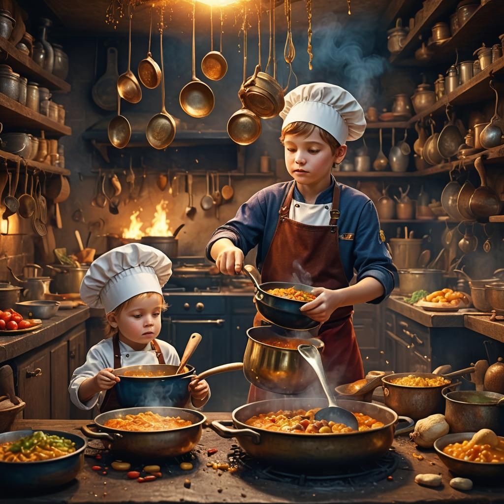 Babies Cooking in Enchanted Kitchen: Fantasy Matte Painting