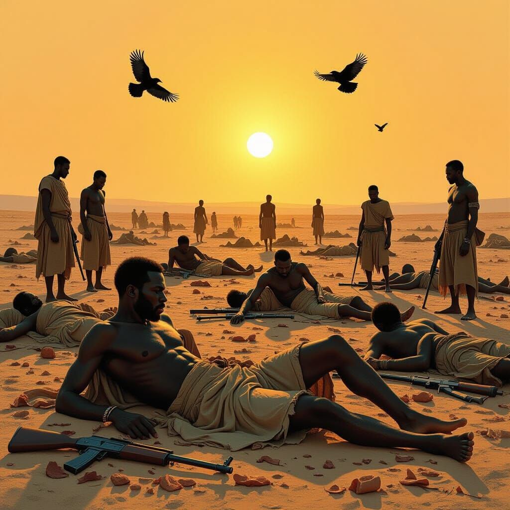 African Battlefield at Dawn with Crows Circling