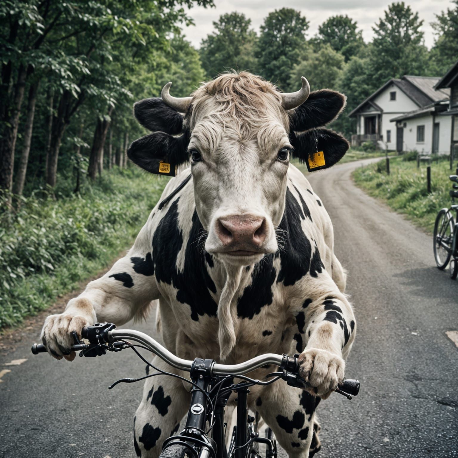 Cow Rides Bicycle in Cinematic Film Still