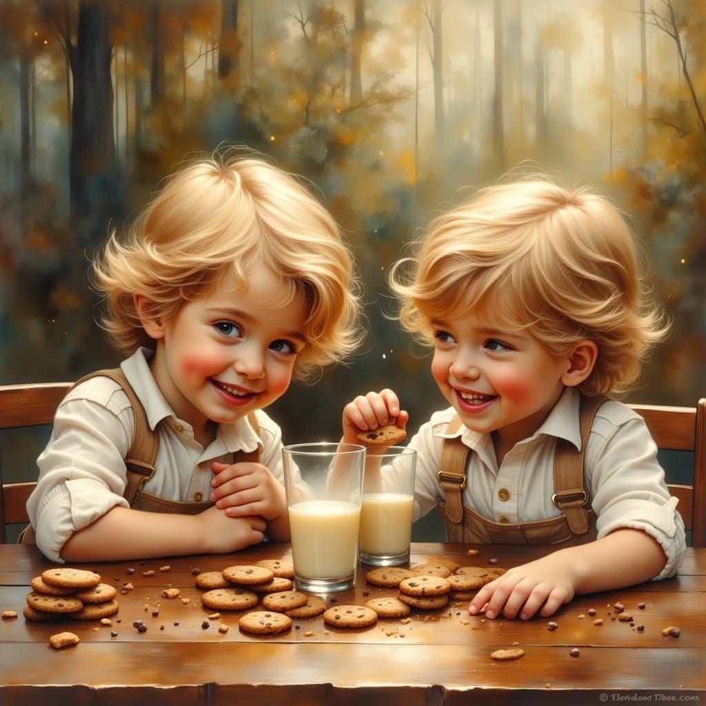 Twin Toddlers Sharing Cookies: A Vintage Illustration