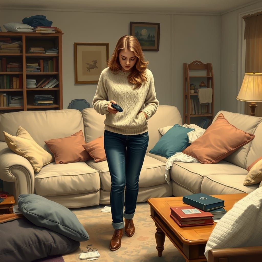 Cozy Homeowner Searches for Tivo Remote in a Cluttered Livin...