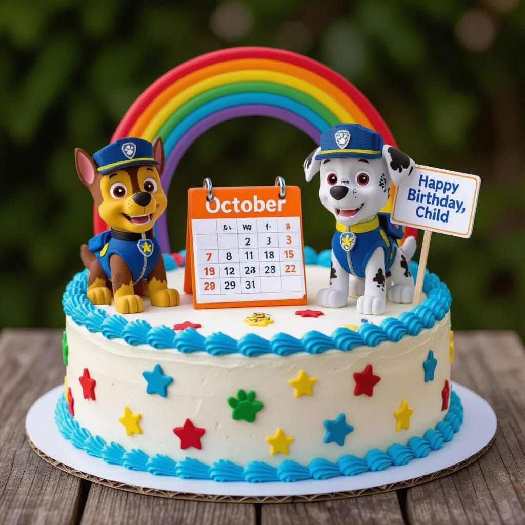 Realistic Paw Patrol Birthday Cake with October Calendar