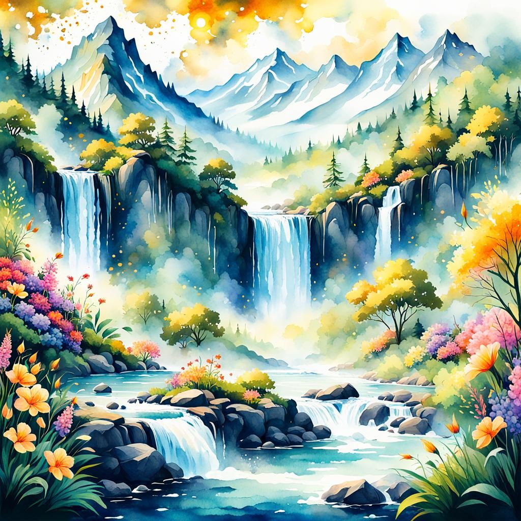 Lush Summer Landscape with Mountains in Watercolor Style
