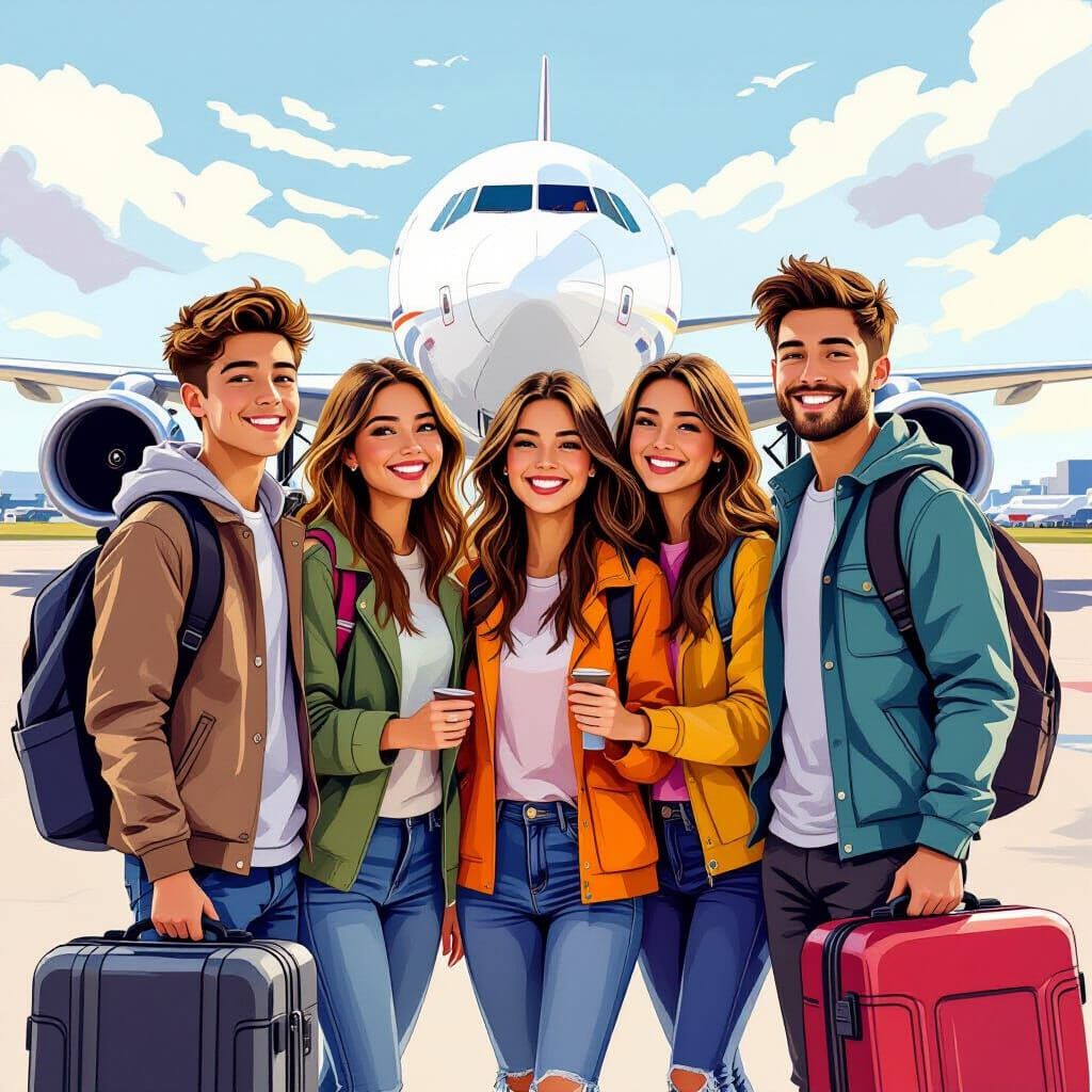 Excited Tourists Ready for Adventure in Digital Art Style