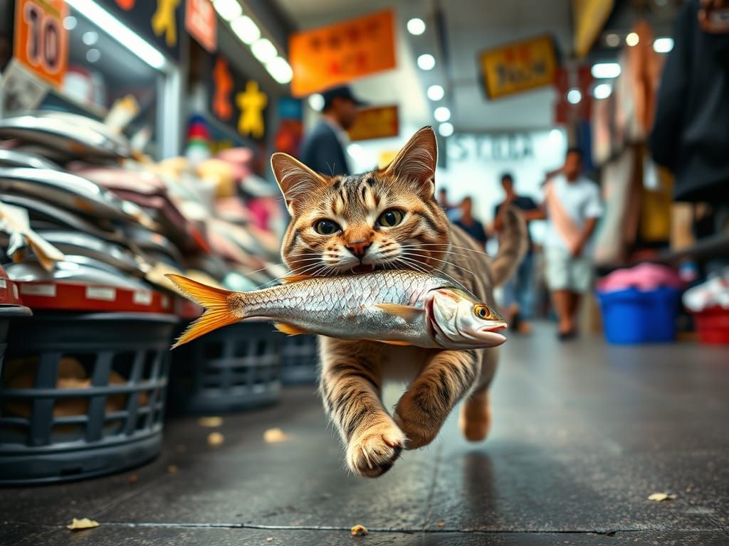 Cat Steals Fish From Market, Seller Chases