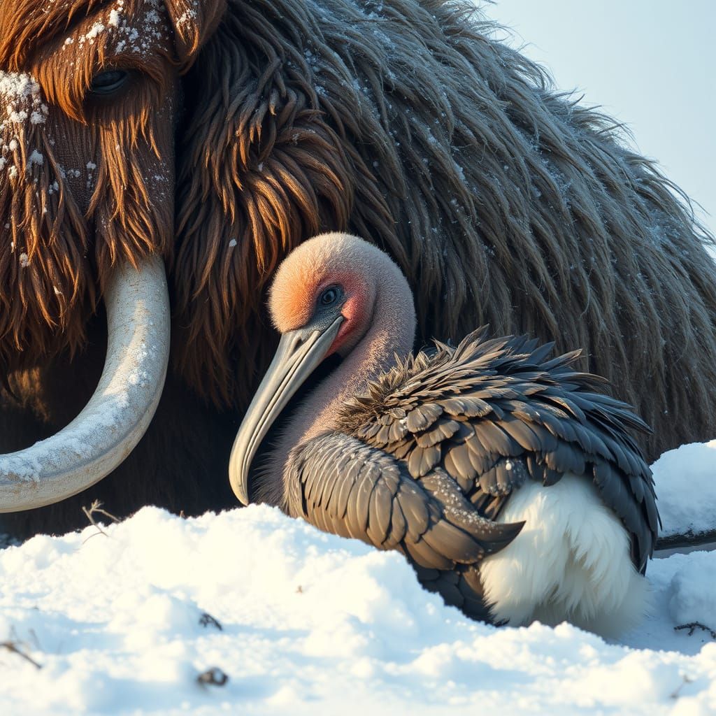 Dodo Bird Protected by Woolly Mammoth in Snowstorm
