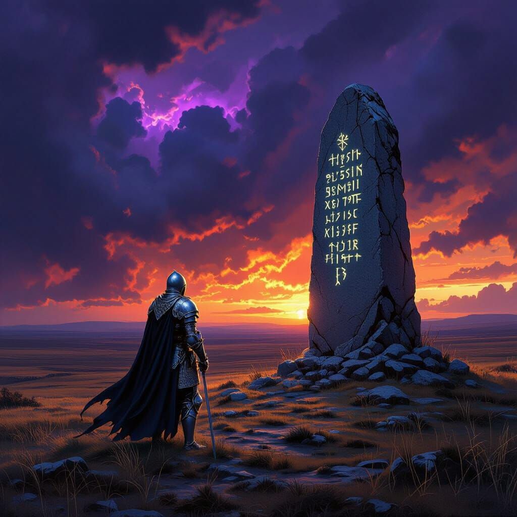Knight Gazes at Rune Stone on Windswept Moor