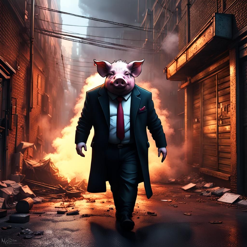 Pig Mafia Boss in Smoky Alley: 8K Digital Art