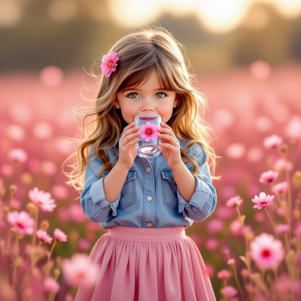 Joyful Girl in Pink Field, Storybook Illustration Style