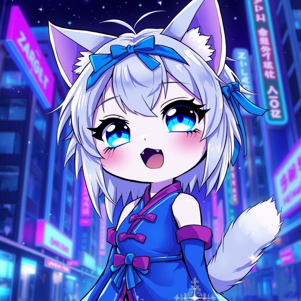 Cyberpunk Chibi Catgirl in Neon City