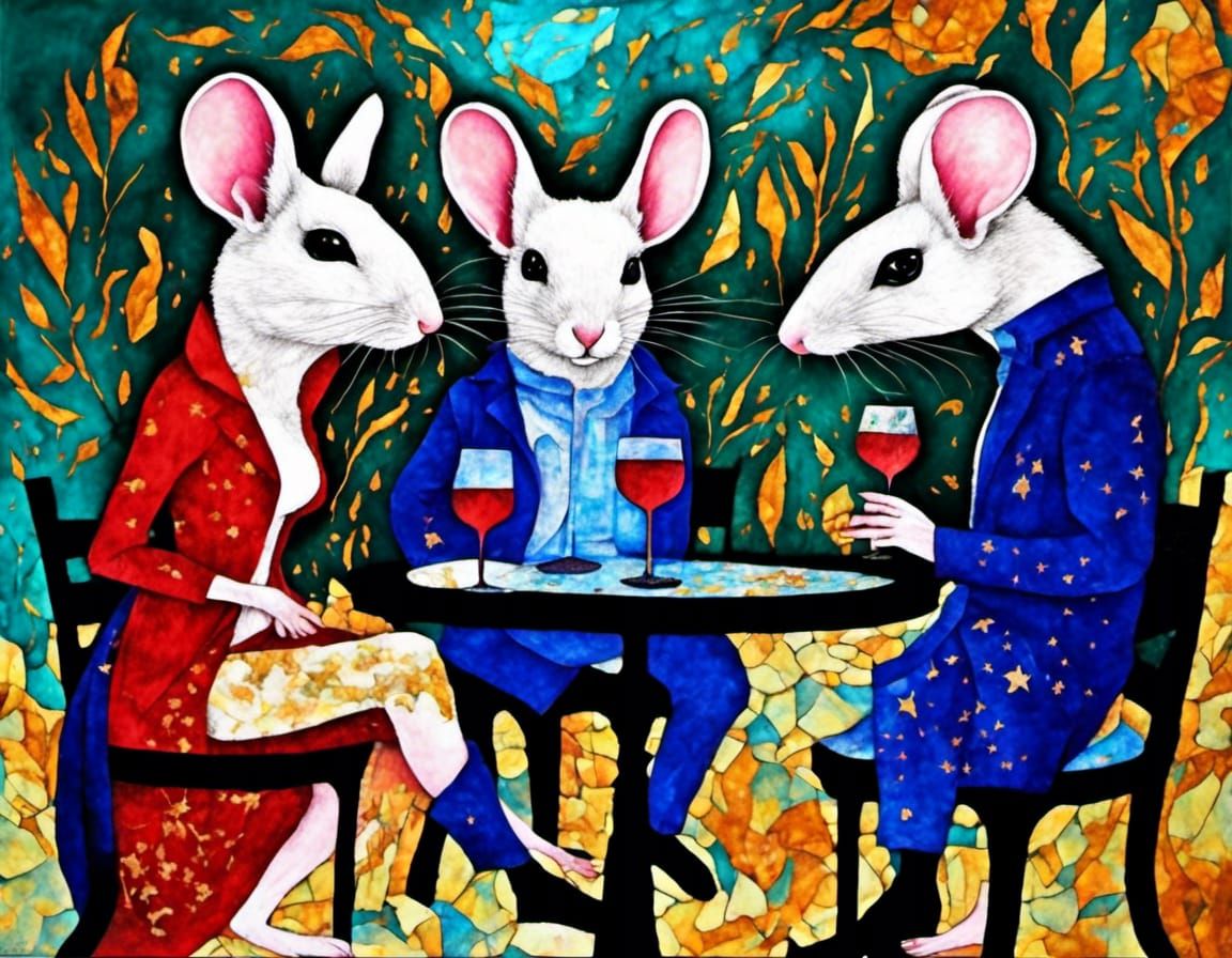Mice as People Sipping Wine, Acrylic Mixed Media Art