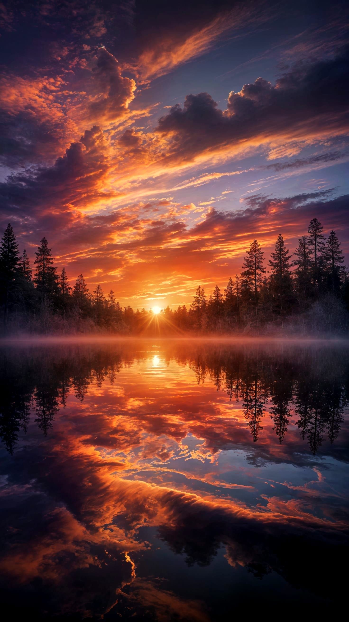 Vibrant Sunset over a Glassy Lake in Ethereal Hues