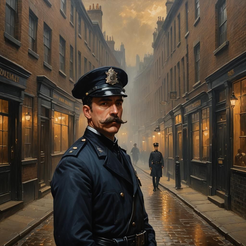 Victorian Police Officer in Foggy London Alleyway