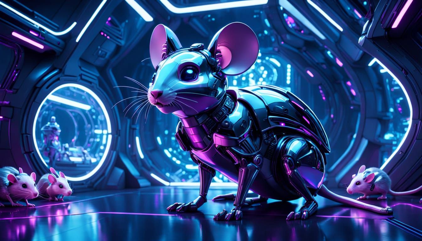 Futuristic Cinderella With Robotic Mice in Neon Room
