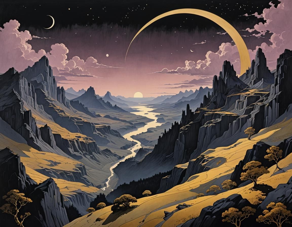 Crescent Moon Cloud Valley in Art Nouveau Style