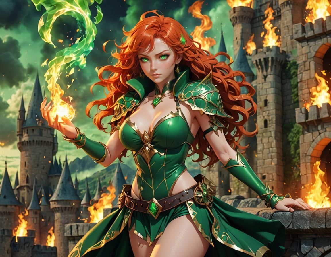 Fire Sorceress on Castle Ramparts in 3D Anime Art
