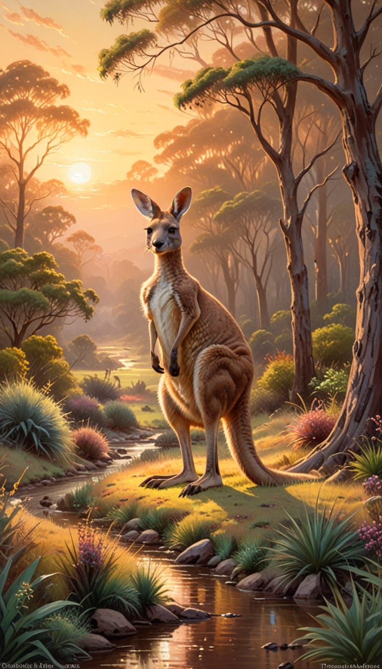 Surreal Australian Landscape with Kangaroo in Warm Golden Li...