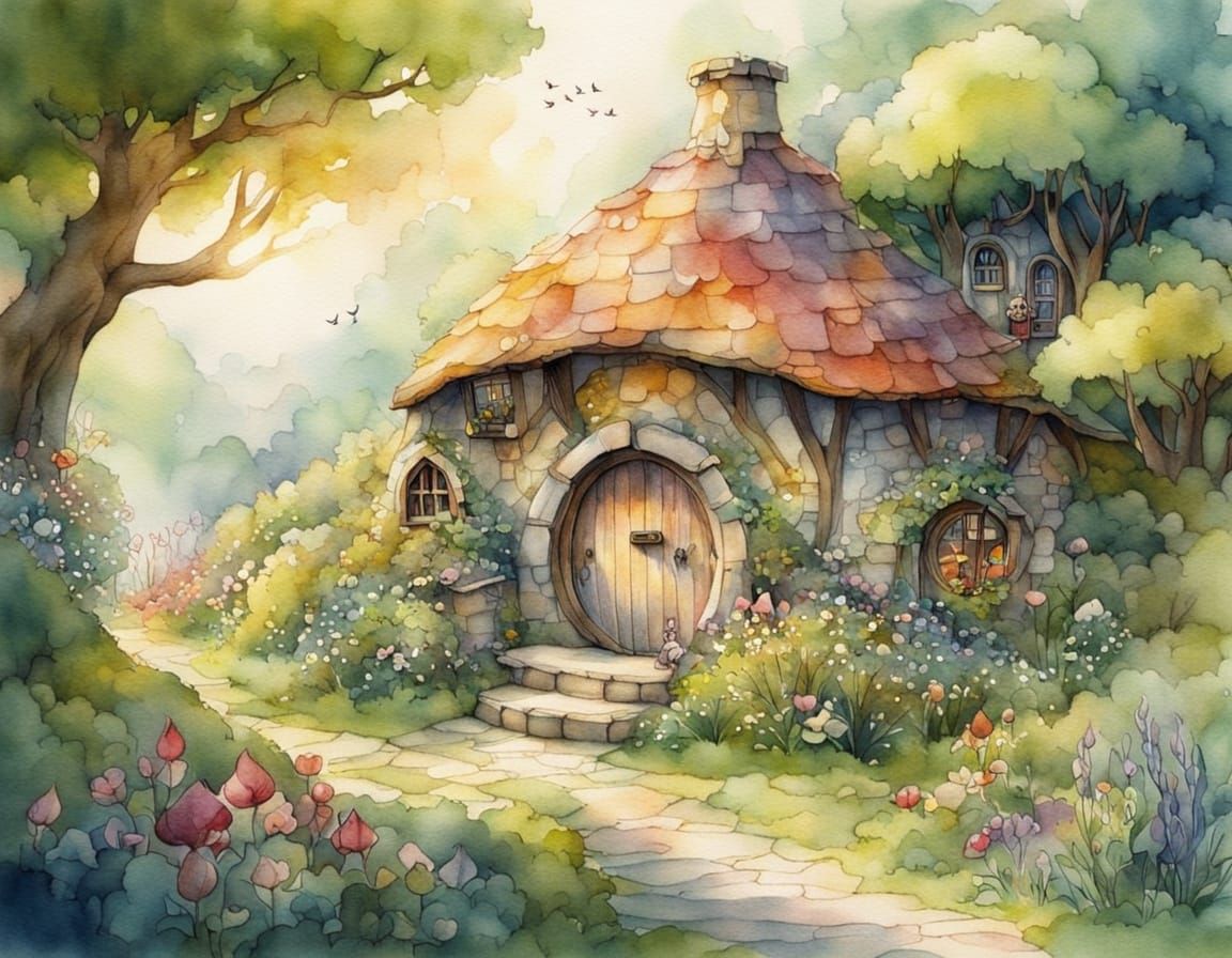 Watercolor Hobbit House in Gentle Sunlight