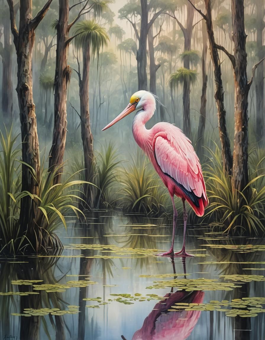 Roseate Spoonbill in Bayou, Neo-Impressionist Watercolor