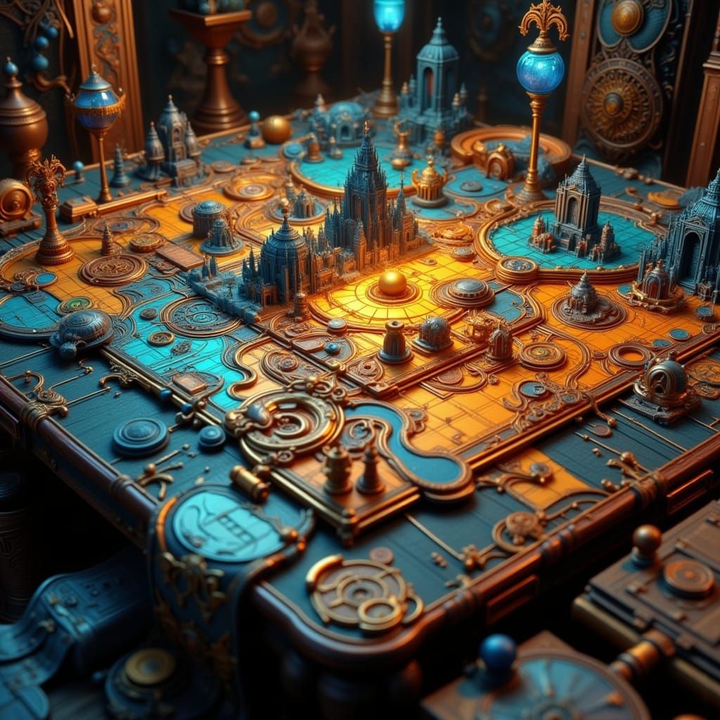 Vibrant Steampunk Board Game in Unreal Engine 5 Style