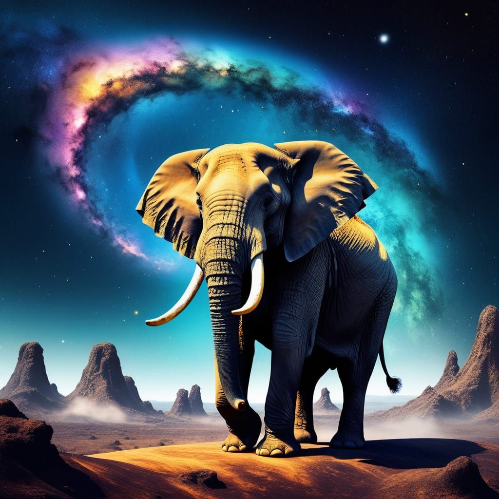Elephant Balancing on Banana in Cosmic Nebula