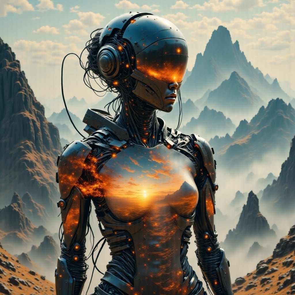 Cyborg Astronaut soars over Alien Planet in a Double Exposur...