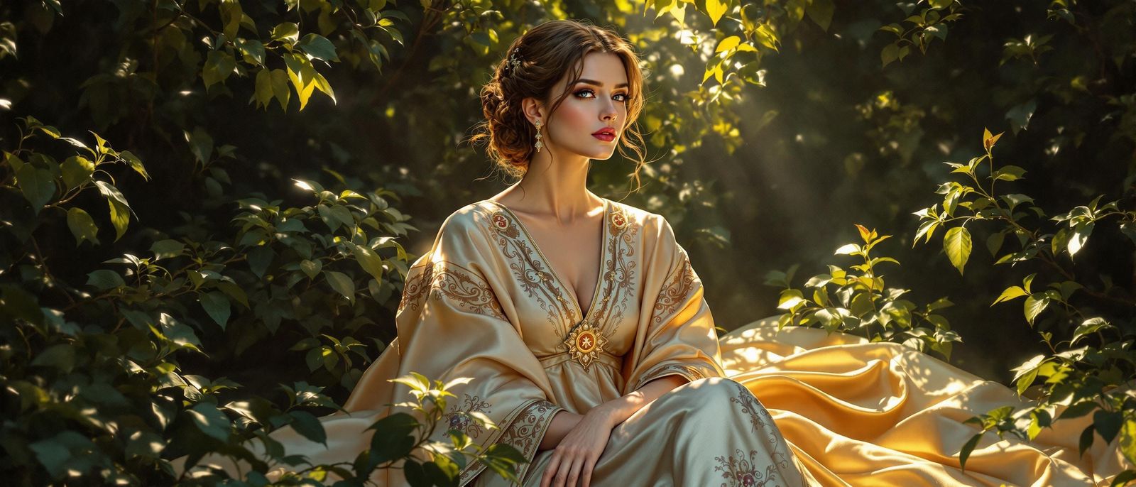 Elegant Woman Surrounded by Lush Greenery in Pre-Raphaelite ...