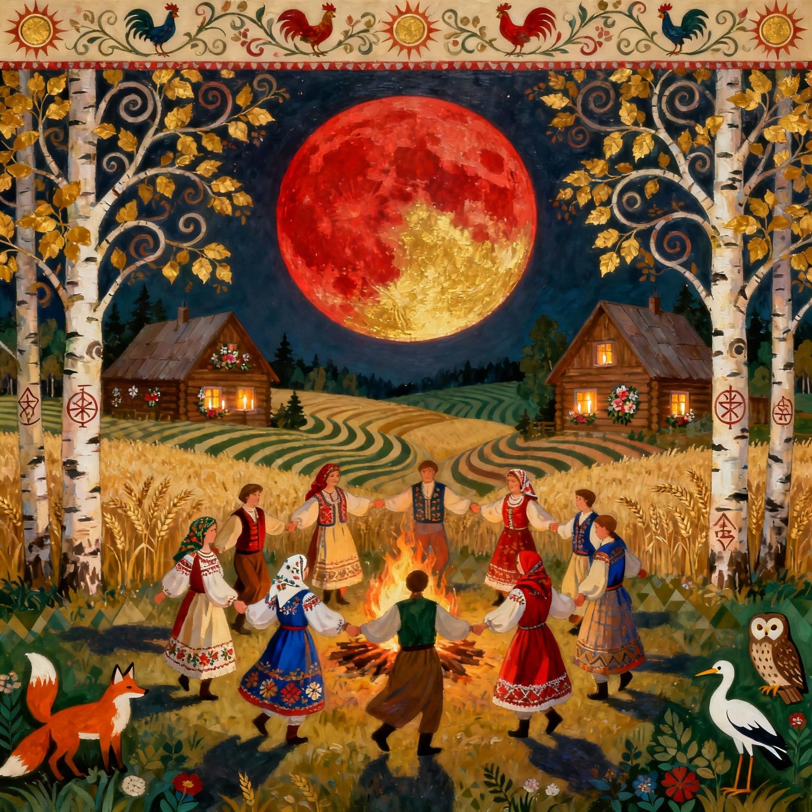 Slavic Harvest Festival Under Red-Gold Moon in Folk Art Styl...