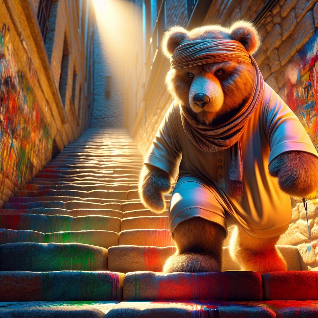 Anthropomorphic Teddy Bear Climbs Stairs in Graffiti Art Sty...