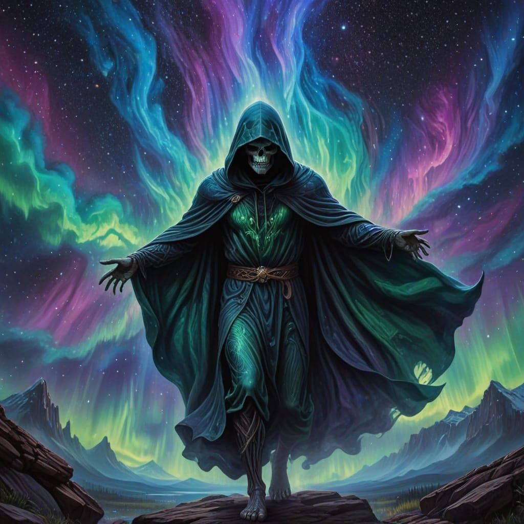 Death in Cosmic Pursuit, Rendered in Holographic Style