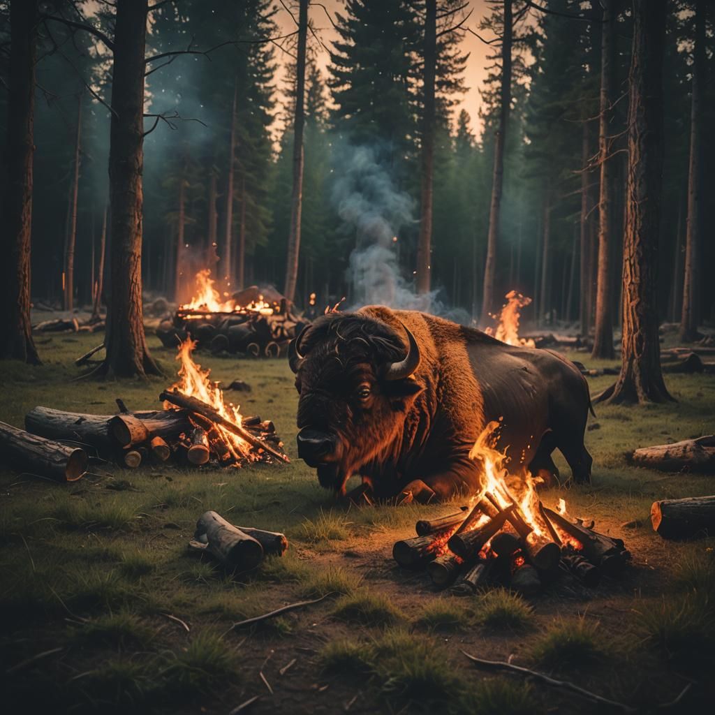 Dramatic Fire Buffalo in Forest at Night